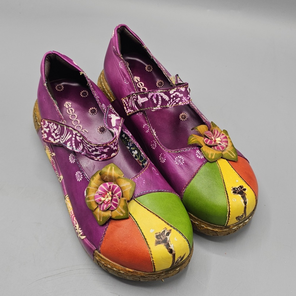 Socofy Leather Mary Jane Patchwork Shoes Clogs Flowers Embossed Boho Sz 7.5 (38)